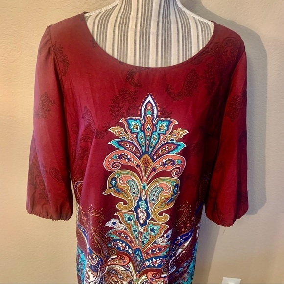 NEW Boho Dress XL BeBop Burgundy Multicolored Mandala pattern Mini Dress 1/2 Slv - Picture 2 of 16